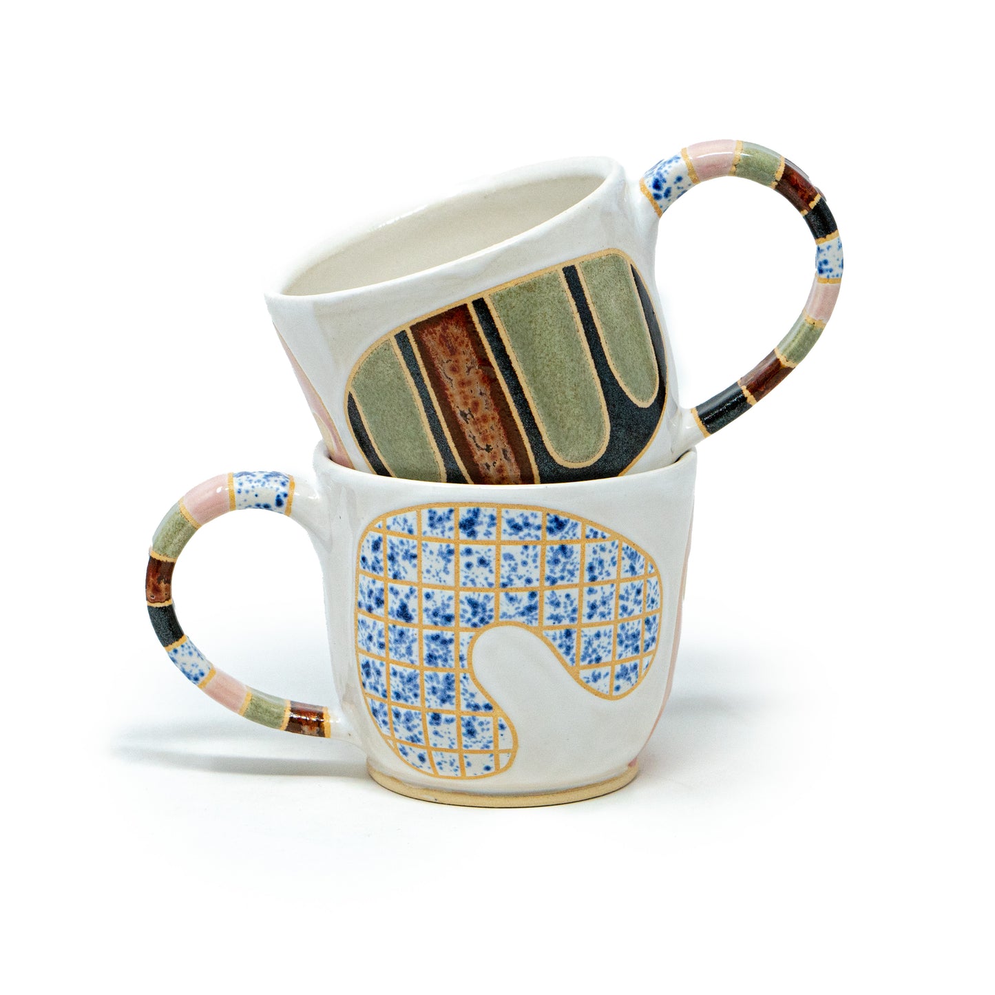 Handmade ceramic Shape Mugs by A Hill Studio, featuring colorful abstract patterns and textured handles