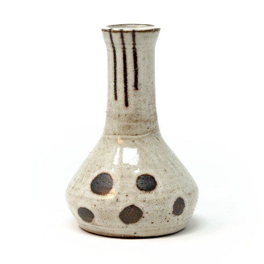 Grey bottle neck vase with dots and line pattern