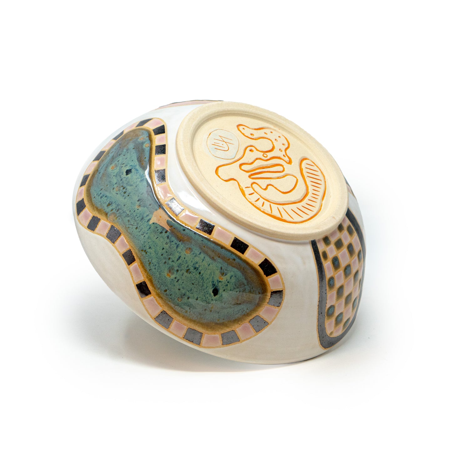 upside-down funky pattern handmade ceramic bowl by a hill studio