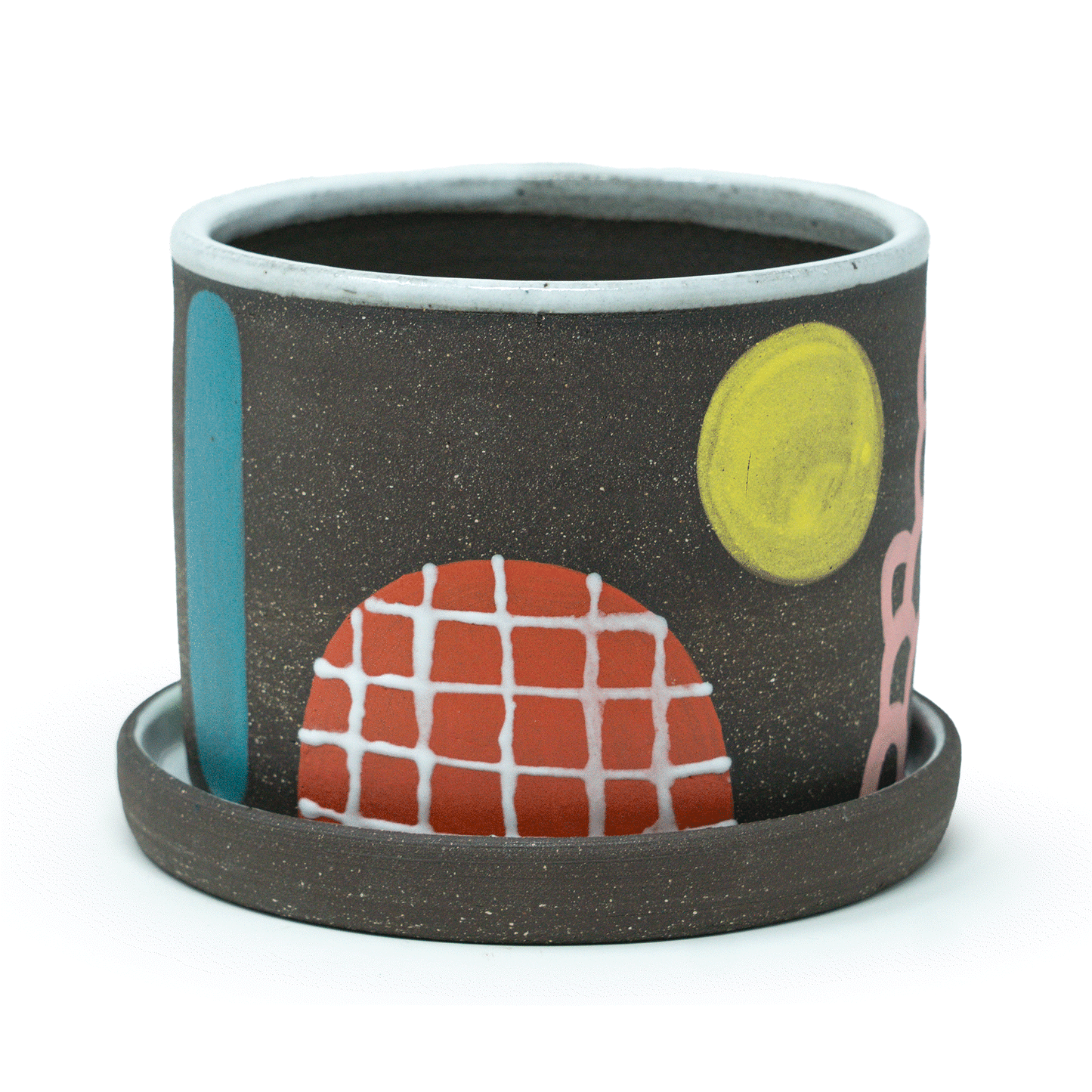 360 animation of Ceramic planter with colorful abstract designs on a white background